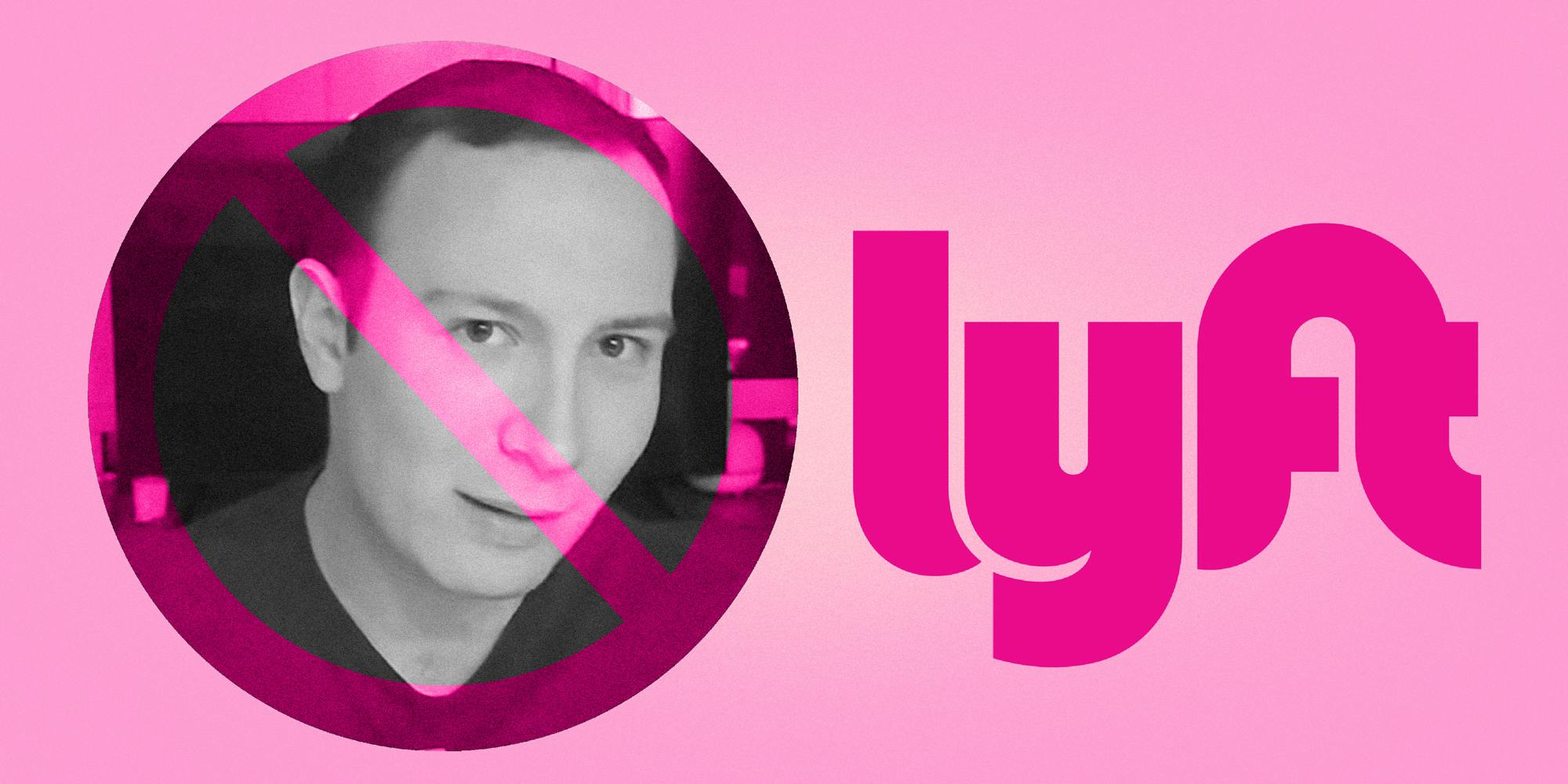 Photo collage image showing the Lyft company logo and a pink ban symbol over the face of CEO Ken Book.