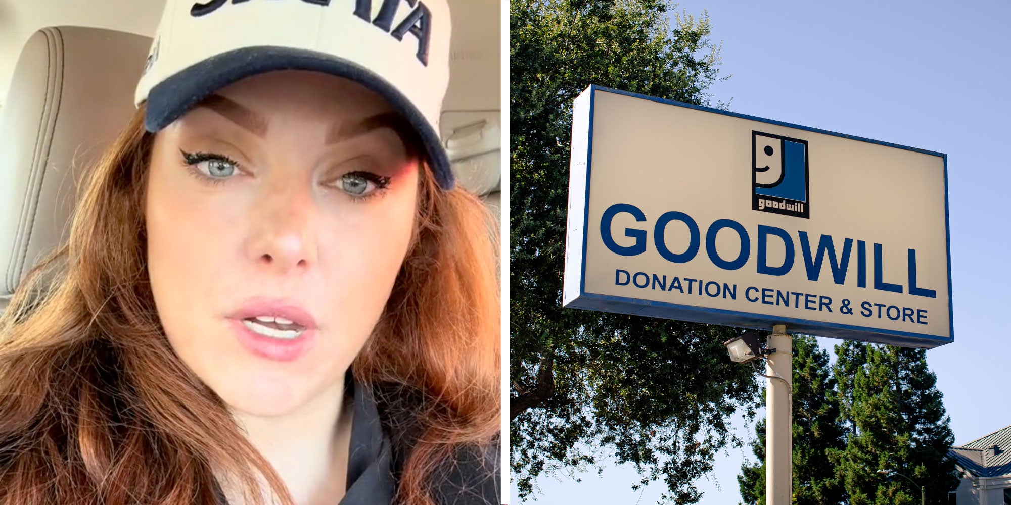Two panel design with a woman looking at the camera while speaking, next to an image of a Goodwill sign