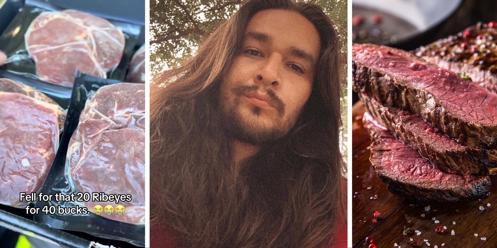 Raw meat(l), Man talking(c), Cooked meat(r)