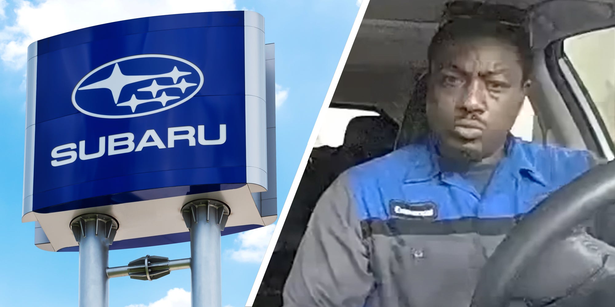 Subaru sign(l), Man inside car(r)