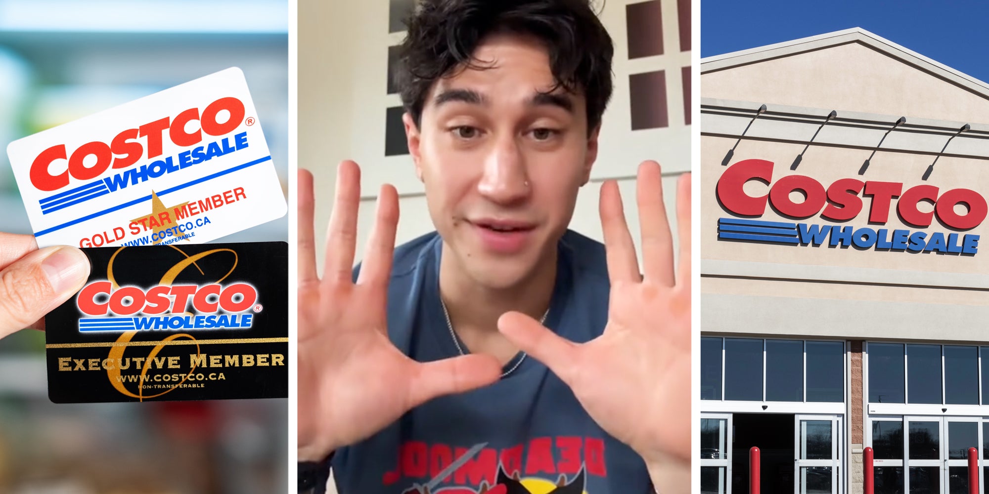Costco membership cards(l), Man talking with his hands up(c), Costco storefront(r)