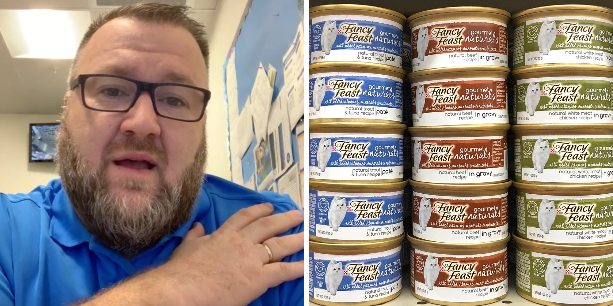 Man talking(l), Fancy Feast cans(r)