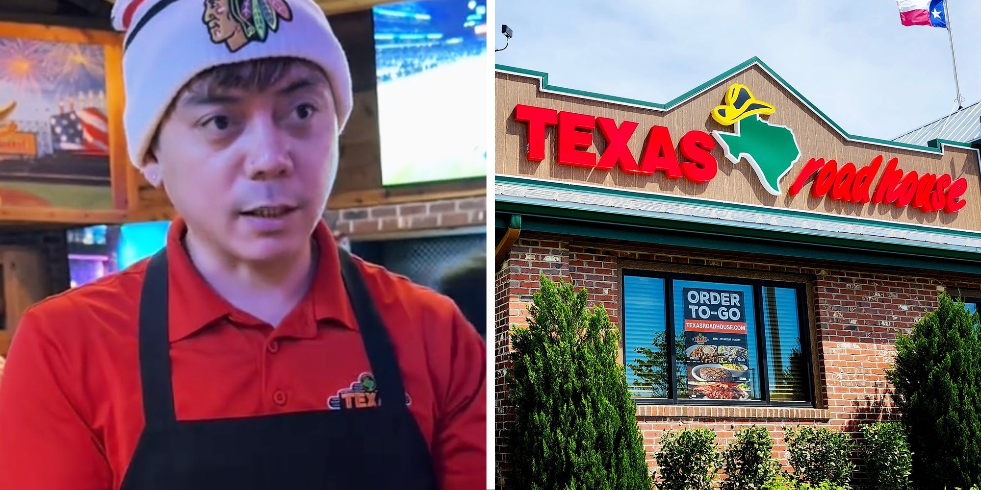 Man talking(l), Texas Roadhouse restaurant(r)