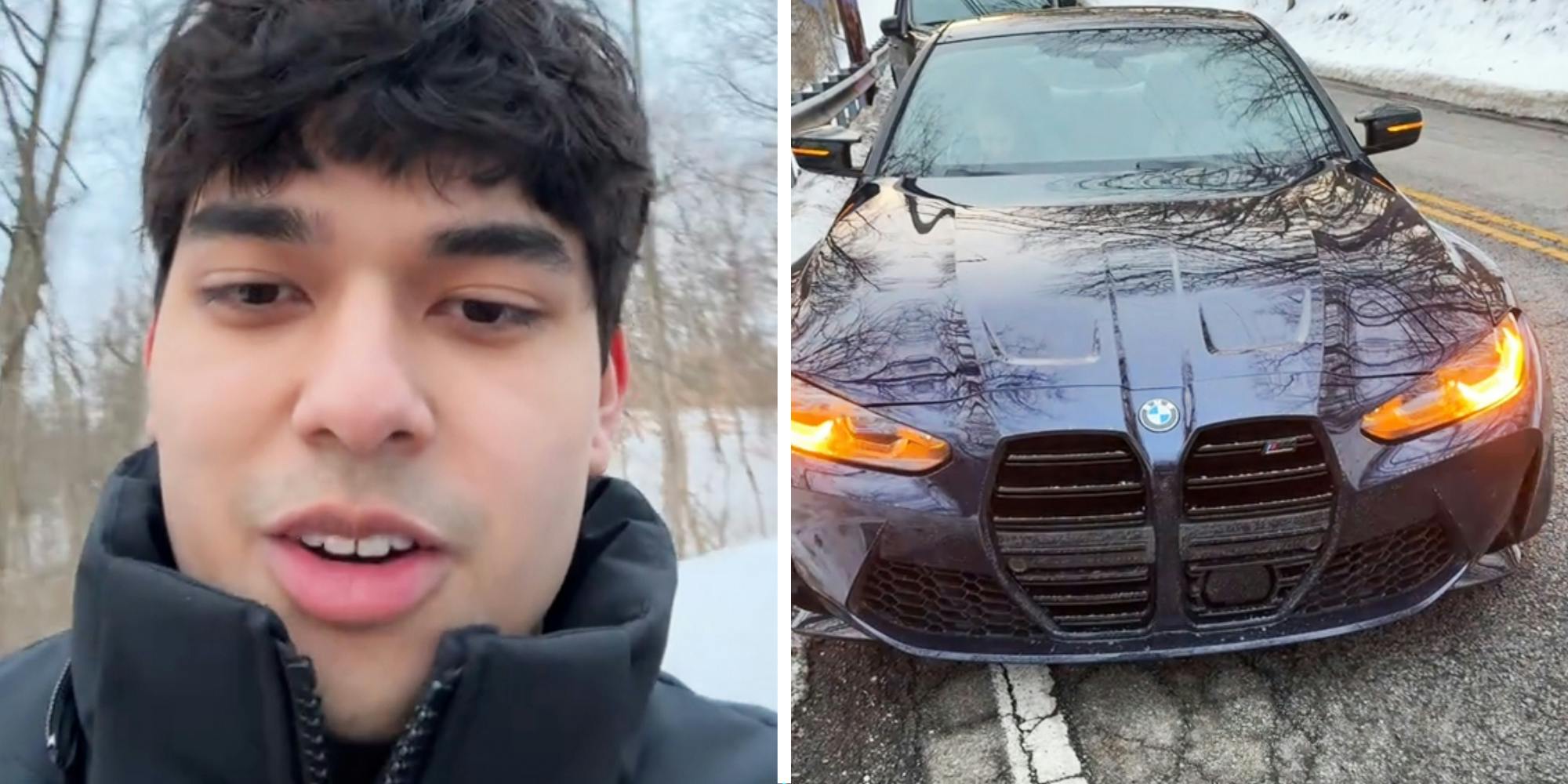 Man talking(l), BMW on road(r)