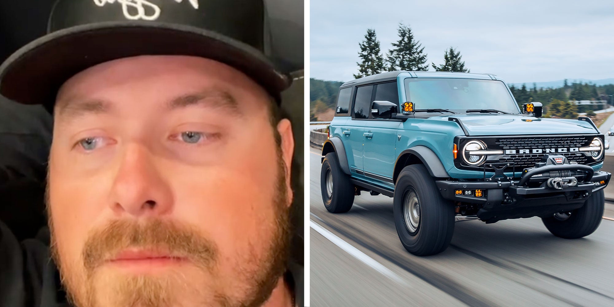 Two panel design with a man looking upset next to an image of a Ford Bronco