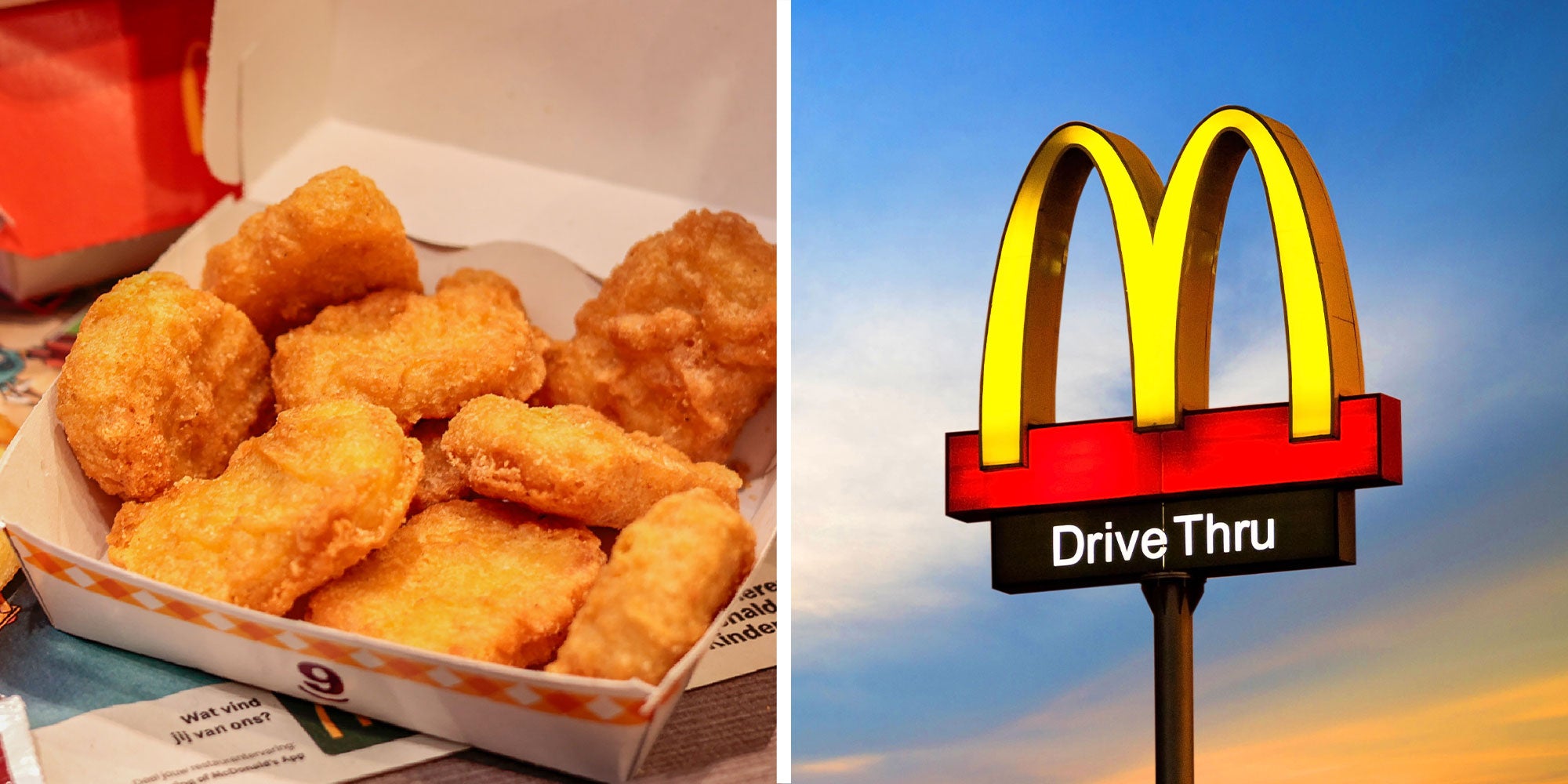 Two panel design with a close up of chicken nuggets next to an image of a McDonalds sign