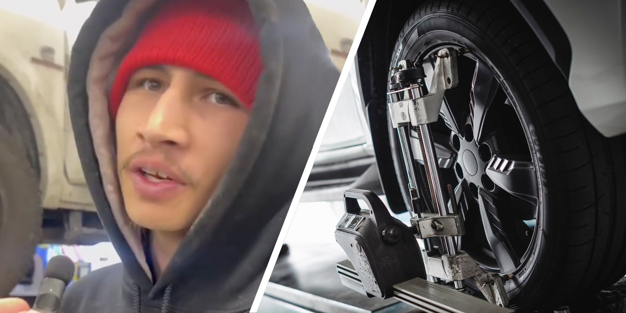 Man talking(l), Wheel getting aligned(r)