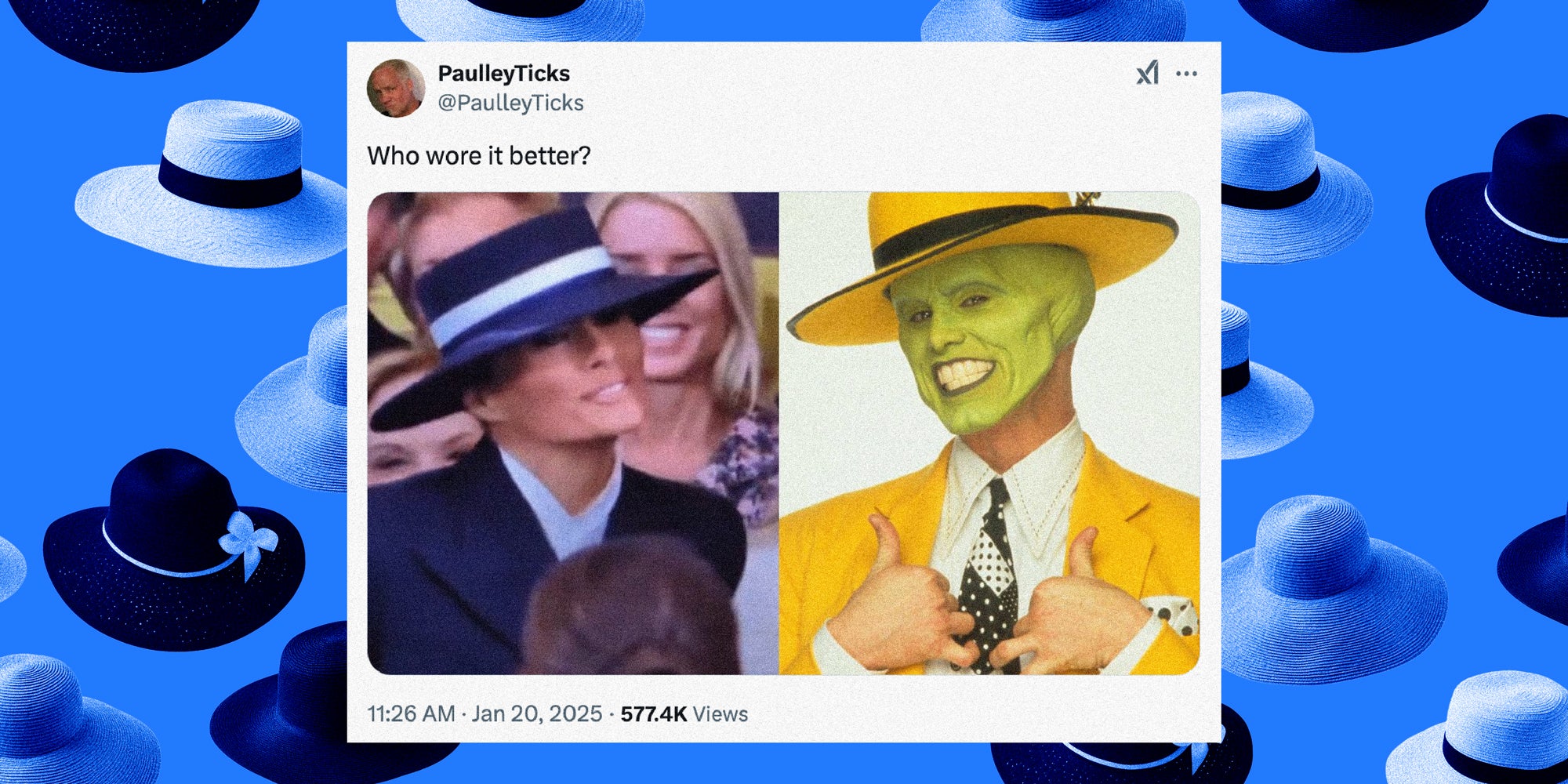 screenshot of a tweet with a side by side of Melania and the move The Mask character. Text says: Who wore it better?