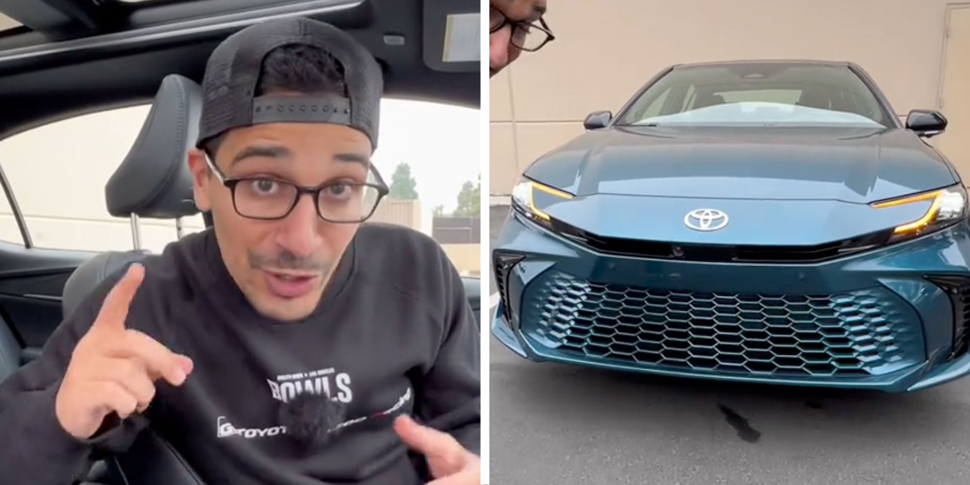 Two panel design with a man looking at the camera from inside of a car, next to an image of a new car