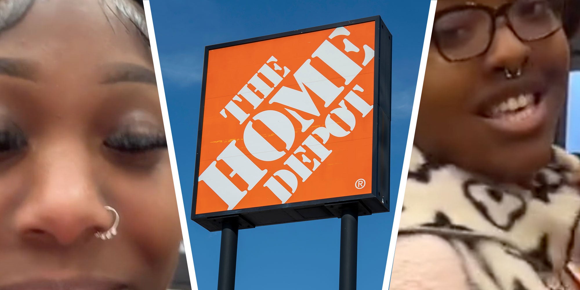 three panel design with a woman looking close at the camera, next to an image of a Home Depot sign, next to an image of another woman wearing a scarf