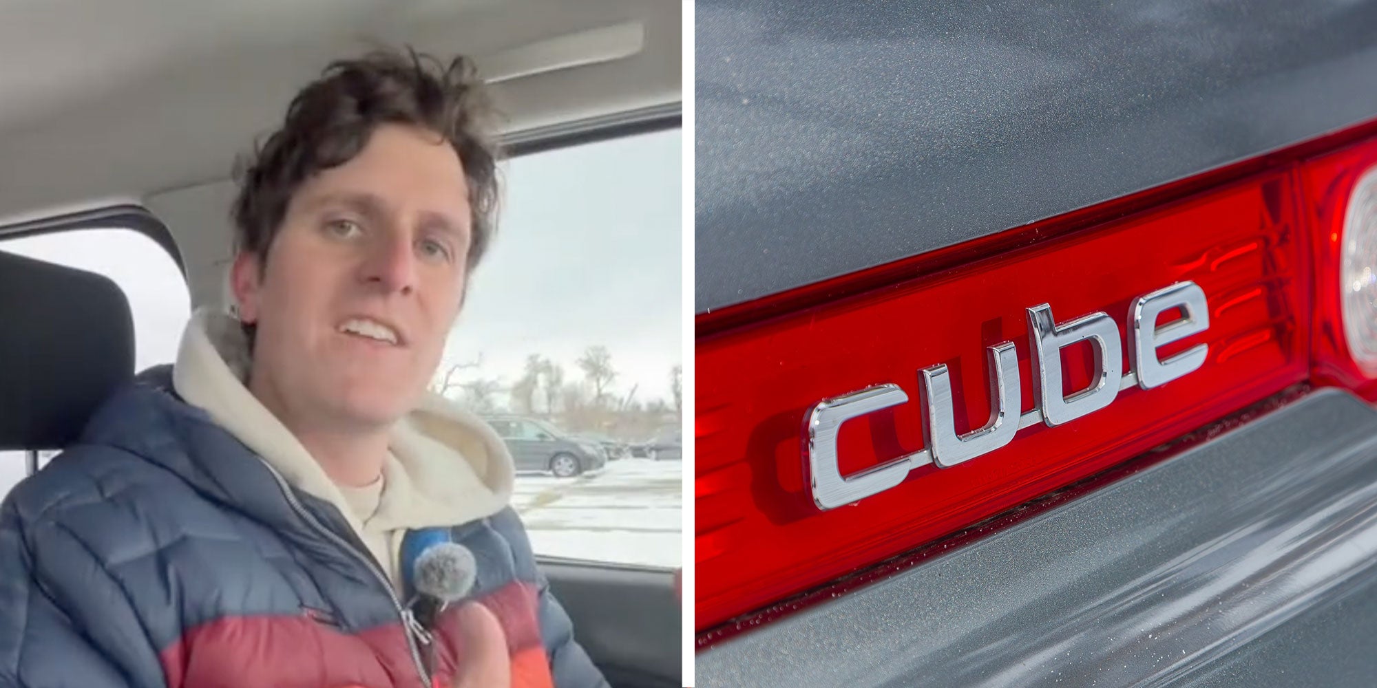 Two panel design with a man sitting in car while looking at the camera and talking, next to an image of a car with the Cube logo