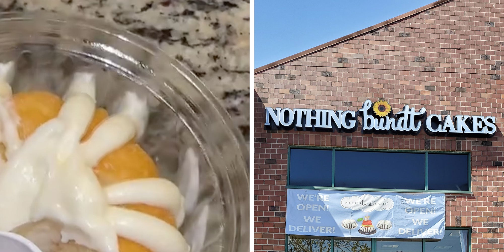 Two panel design with a close up shot of a Bundt Cake next to an image of a store called 'Nothing Bundt Cakes'