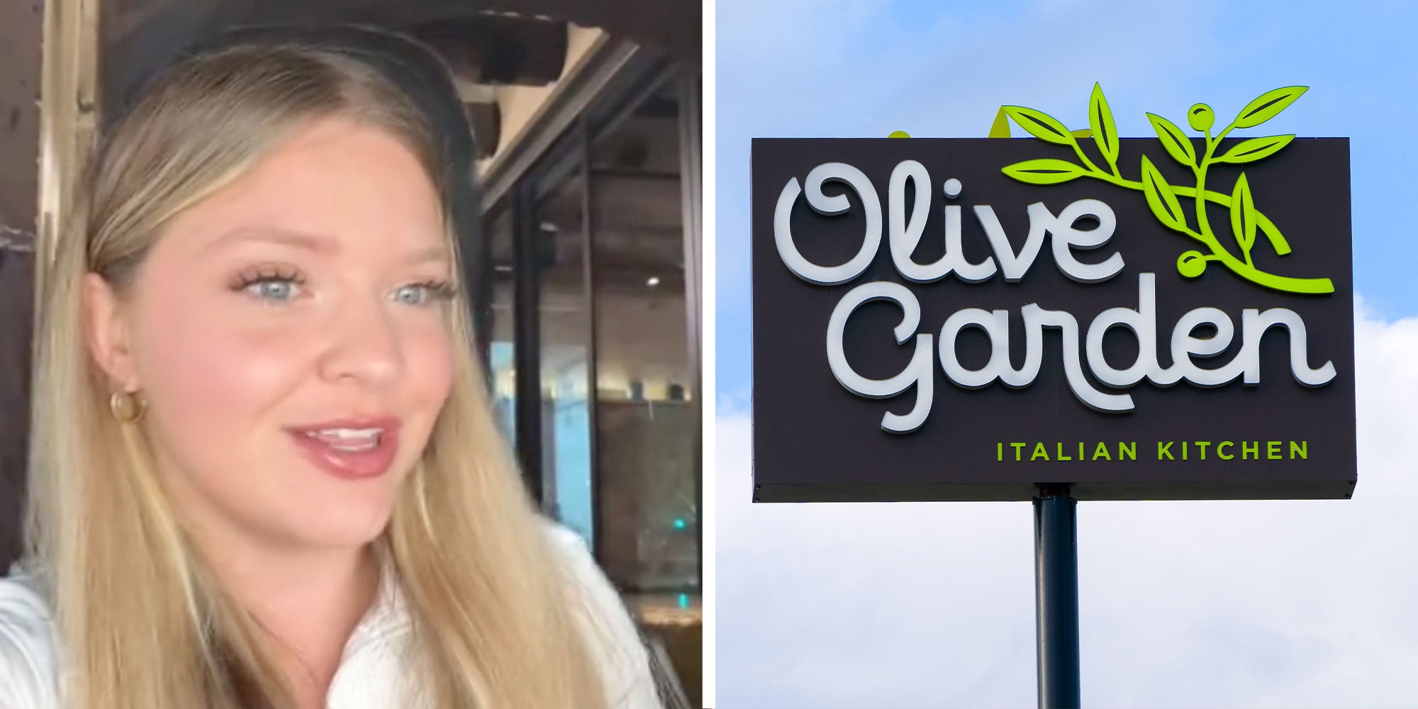 two panel design with a woman looking off to the side, next to an image of an Olive Garden sign