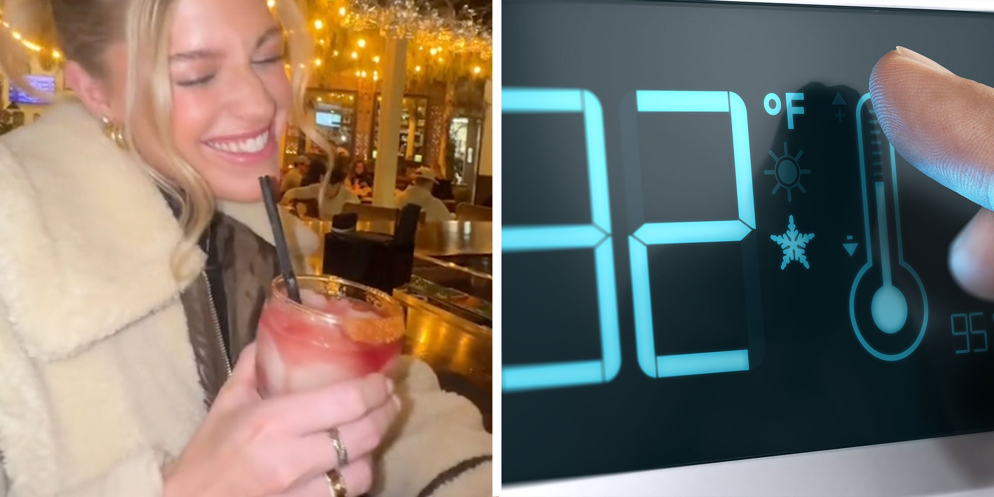 Two panel design with a woman holding a drink and looking coy, next to in image of someone turning up the Thermostat