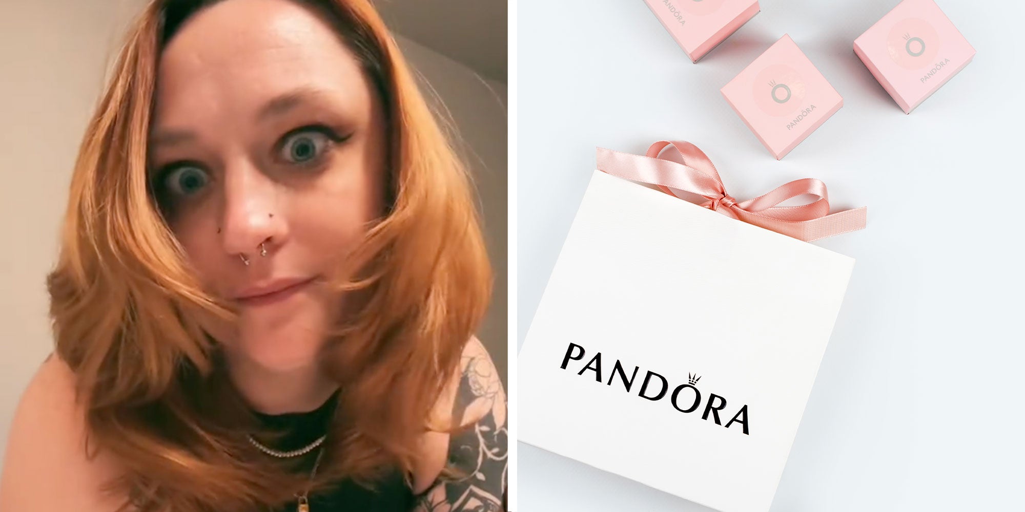 Two panel design with a woman looking at and through the camera, next to an image of a Pandora jewerly brand logo on a bag, with little boxes coming out of it
