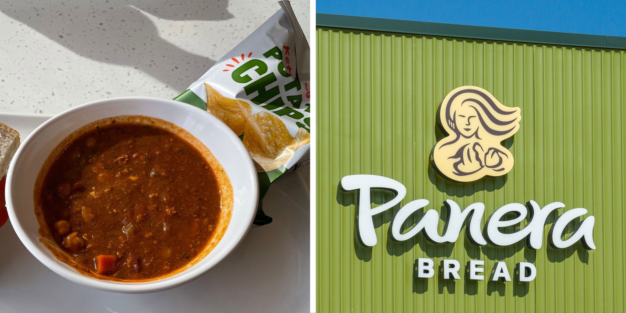 two panel design with a shot of soup and chips, next to an image of a Panera Bread