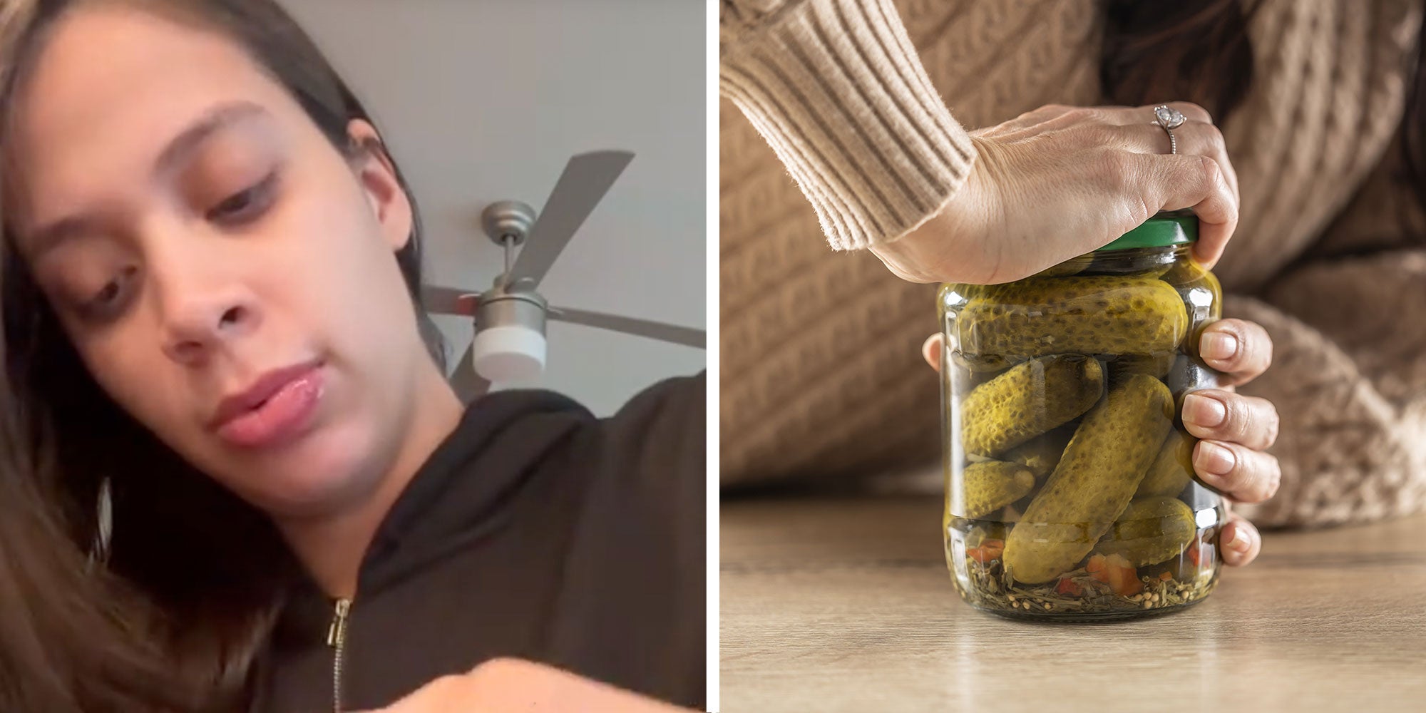 Two panel design with a woman looking down next to an image of someone struggling to open a jar of pickles