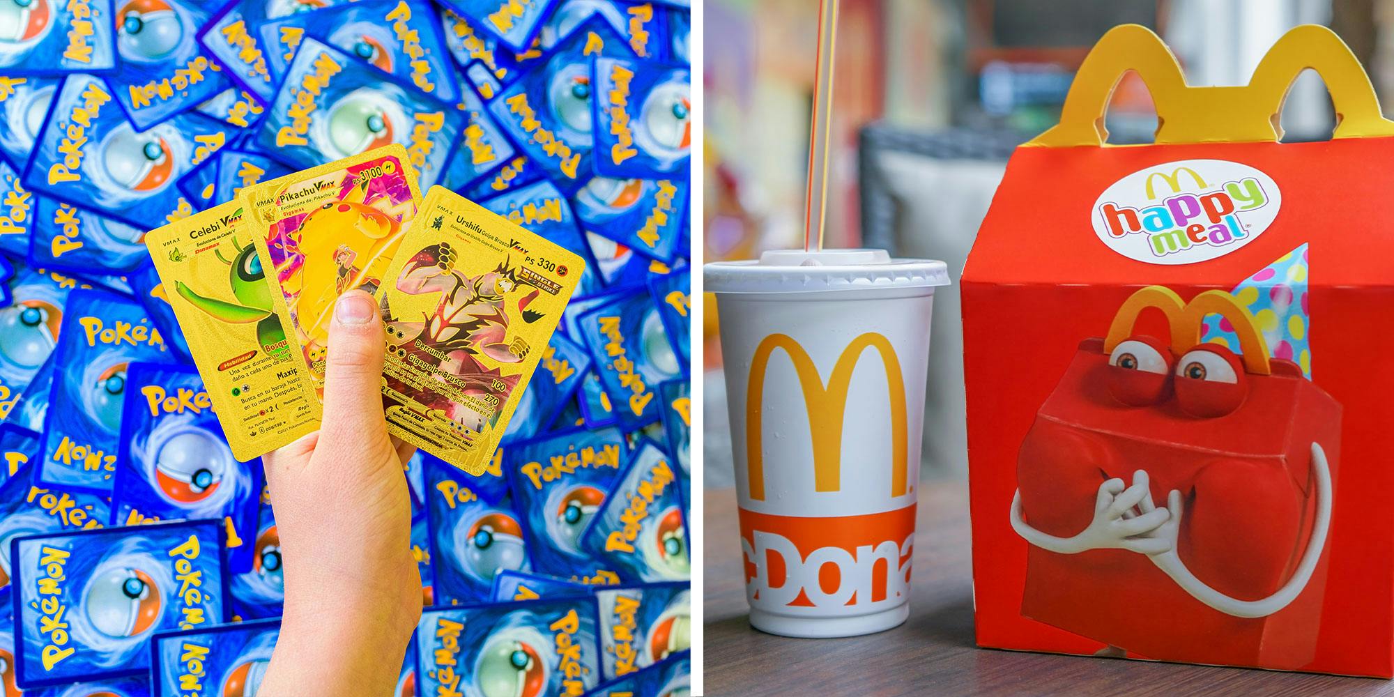 Two panel design with a pokemon cards being help by a hand over a pile of other cards, next to an image of a Happy Meal