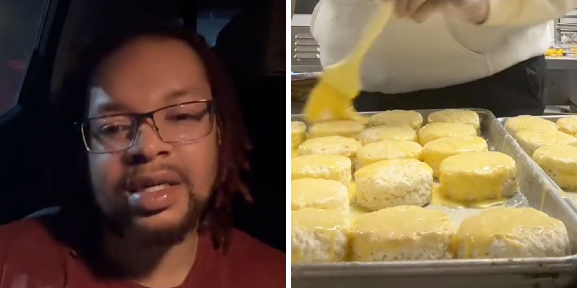 Two panel design with a man talking at the camera from inside his car, next to an image of a tray of biscuits
