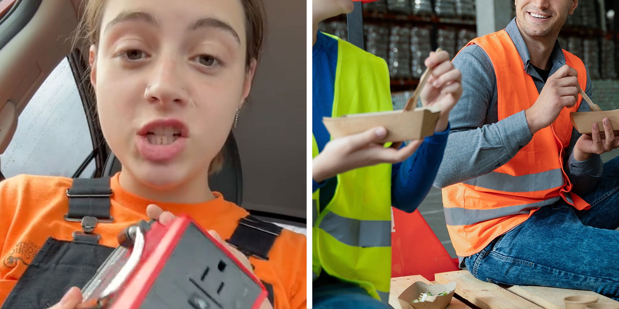 Two panel design with a woman who is on her lunch break holds up an items for the camera to see, next to an image of construction workers having lunch
