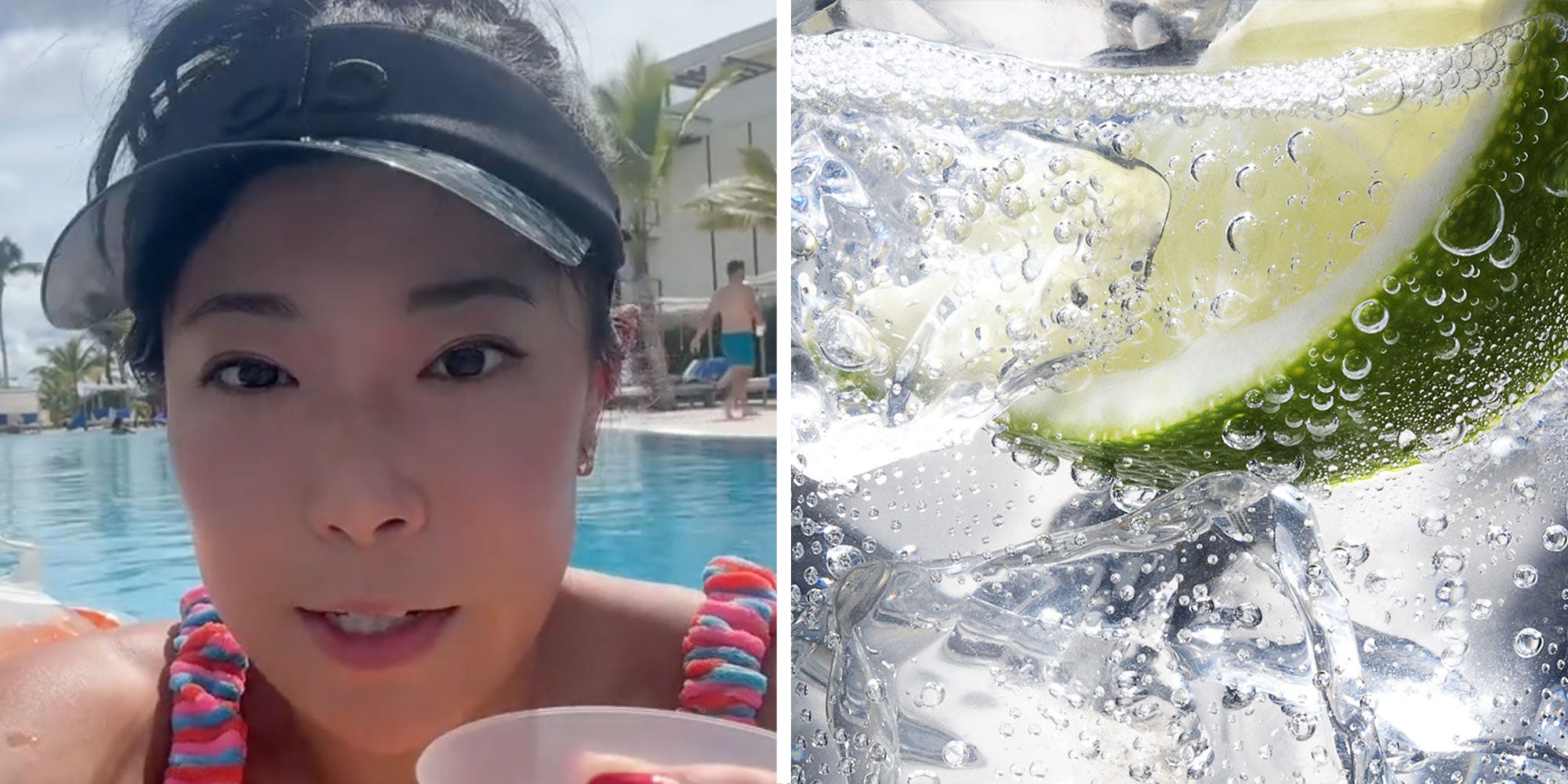 Two panel design with a woman talking to the camera as she floats in a pool, next to an image of a drink with ice