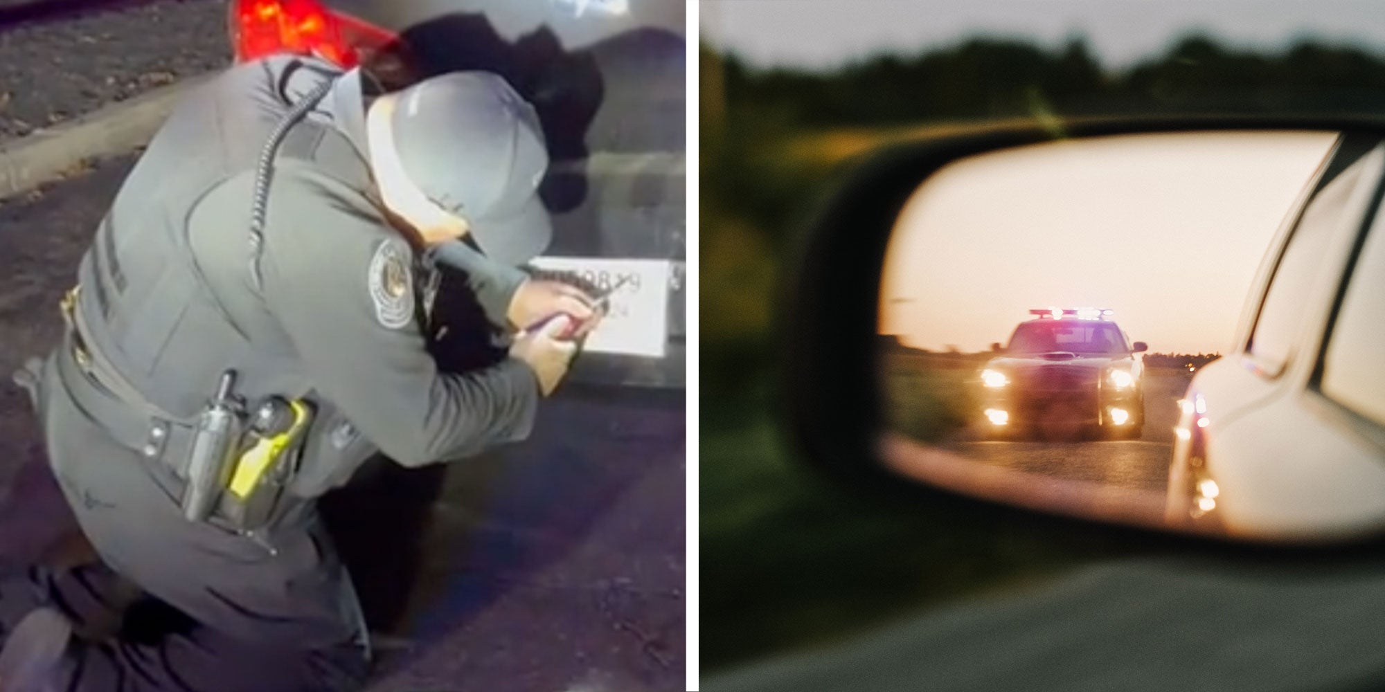 Two panel design with a cop looking closely at plates on the back of a car, next to an image of police in the rearview mirror
