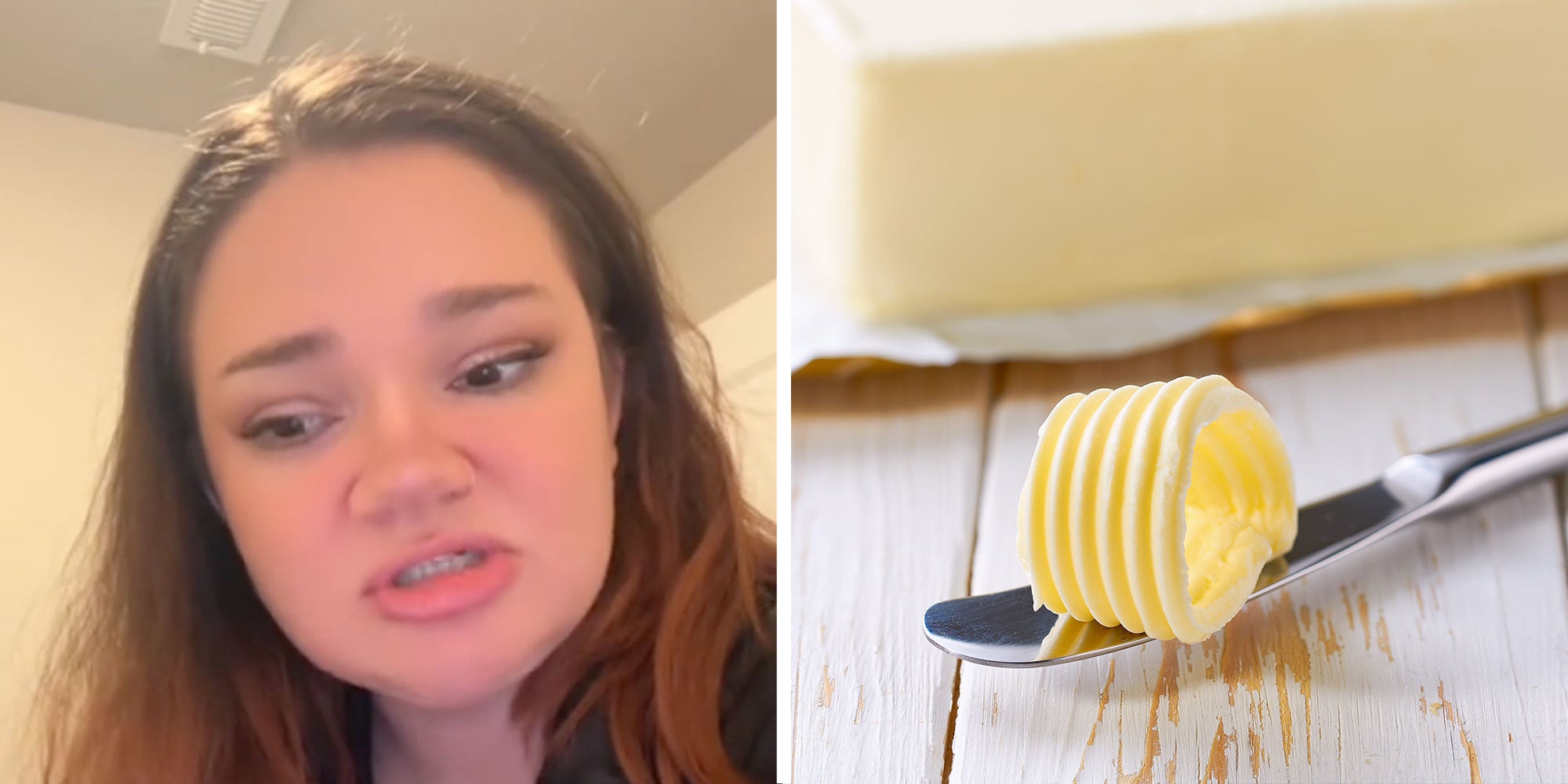 Two panel design with a woman looking off to the side while talking at the camera, next to an image of butter