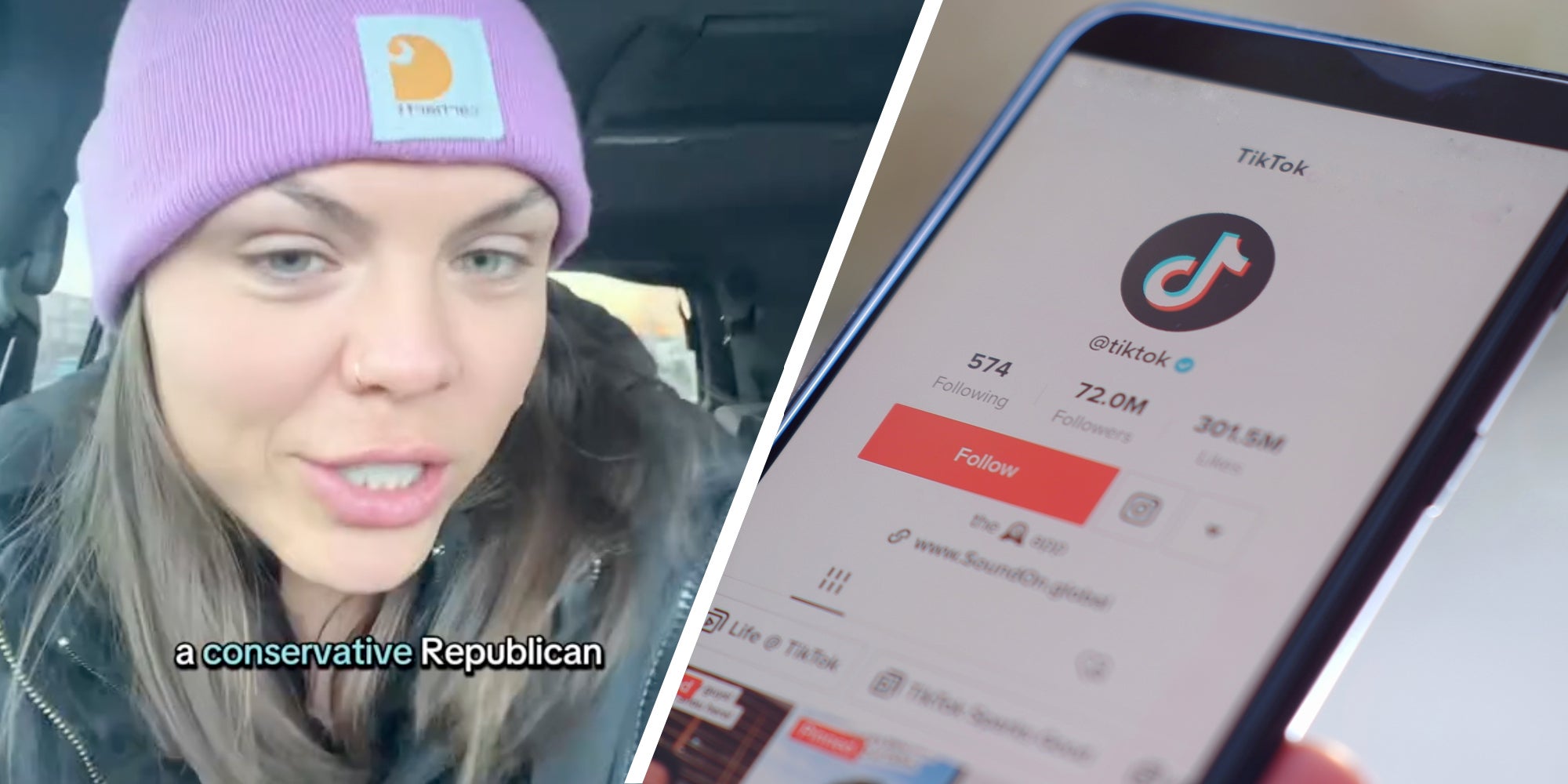 Woman talking with text 'a conservative republican'(l), Phone with tiktok app(r)