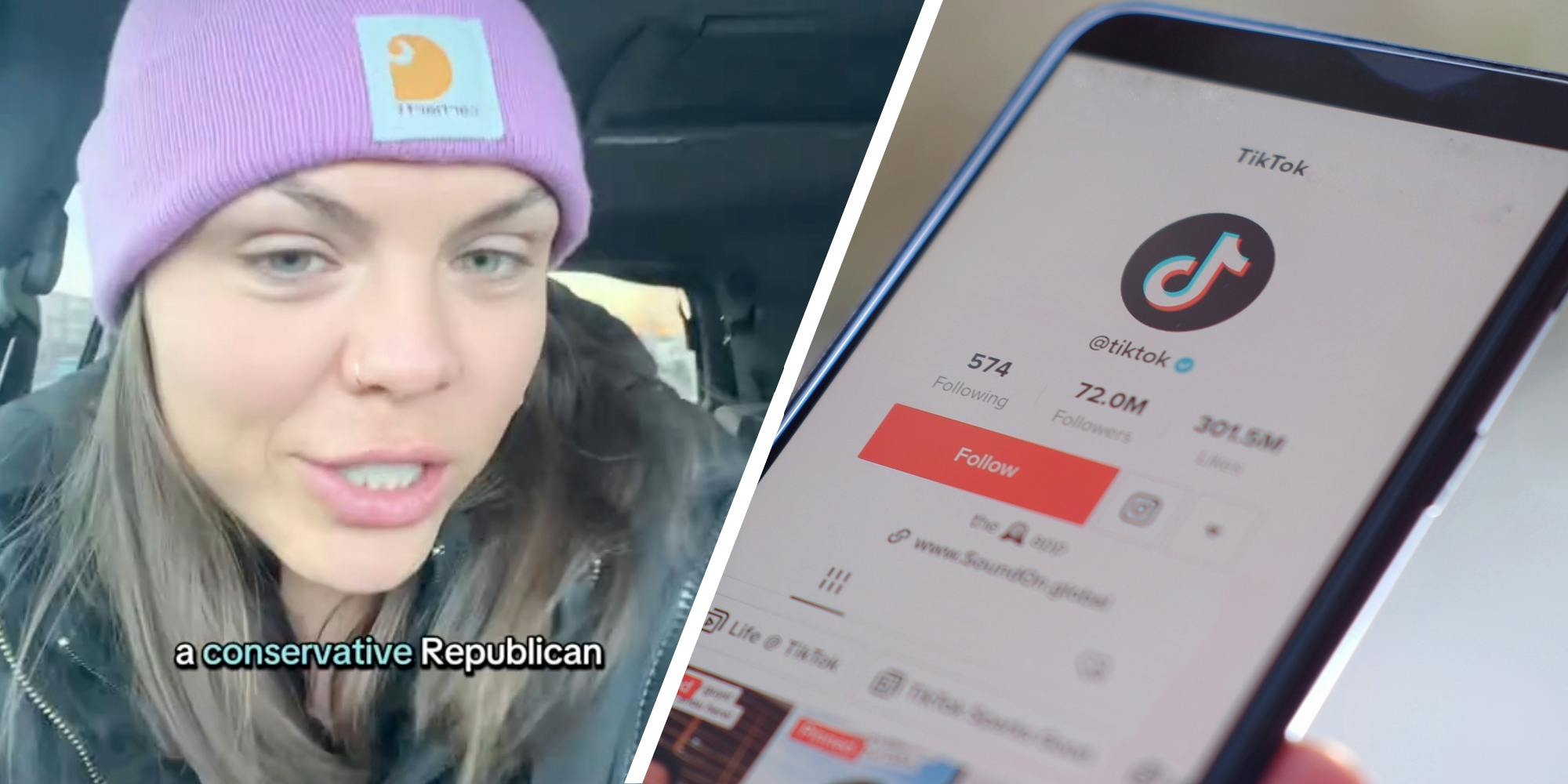 Woman talking with text "a conservative republican"(l), Phone with tiktok app(r)