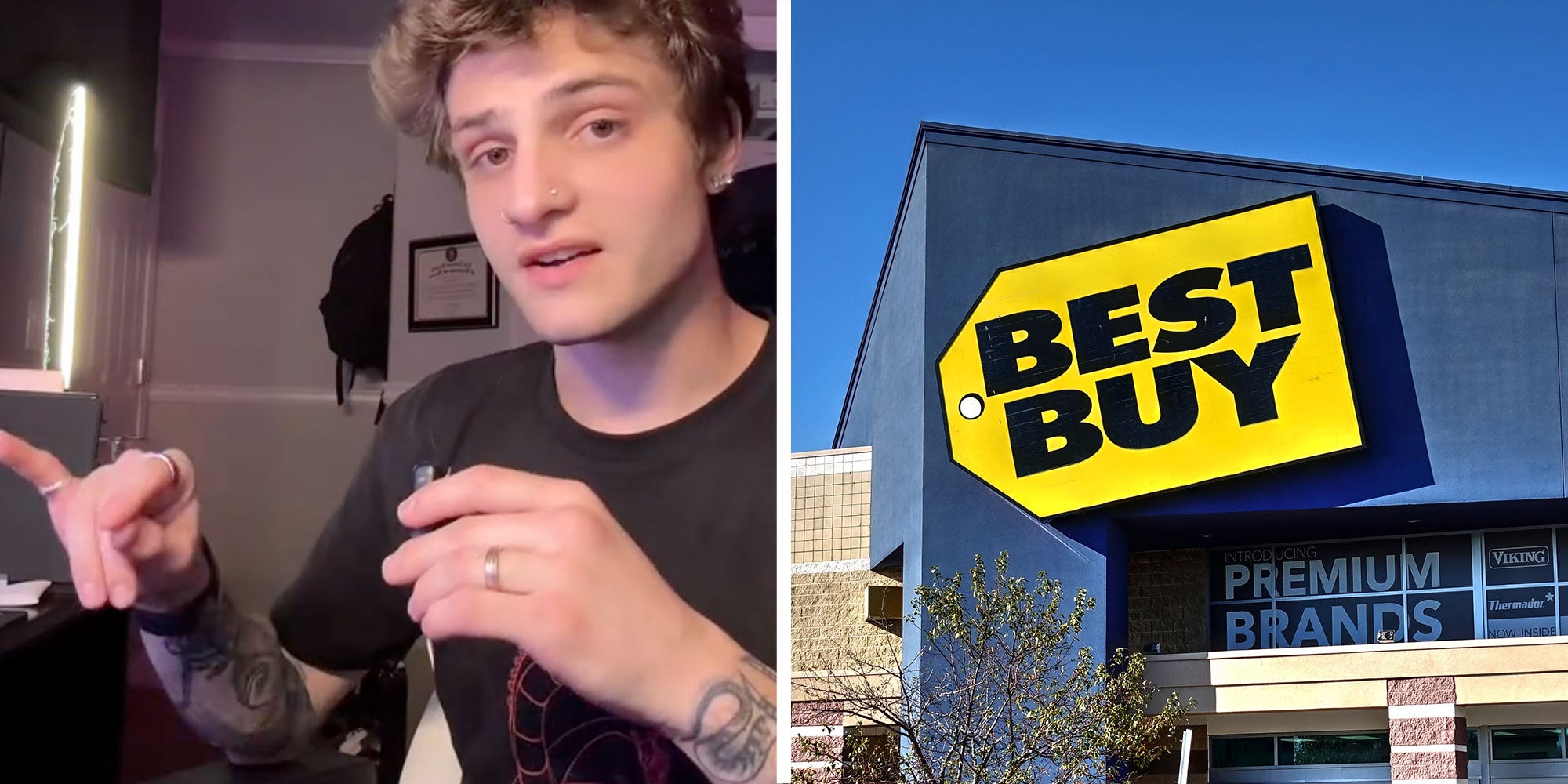 Two panel design with a person holding a small mic as he talks into the camera, next to an image of a Best Buy Store