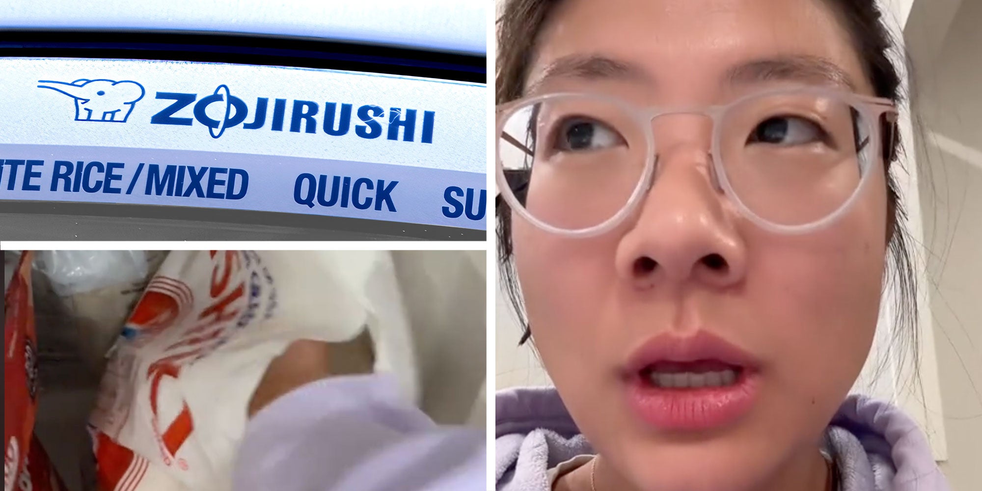 Three panel design with a close up of the brand 'Zojirushi' rice coker, below is an image of someone grabbing rice from large bag, next to an image of a woman talking but not looking at the camera