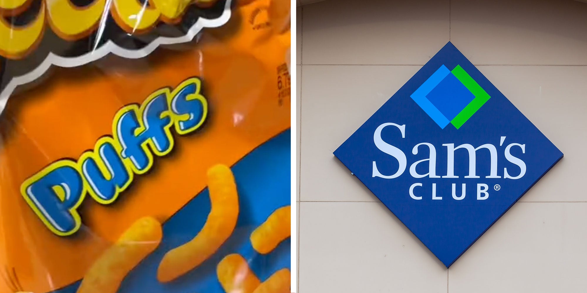 Two panel design with a close up of of Puffs Cheetos, next to an image of Sam's Club