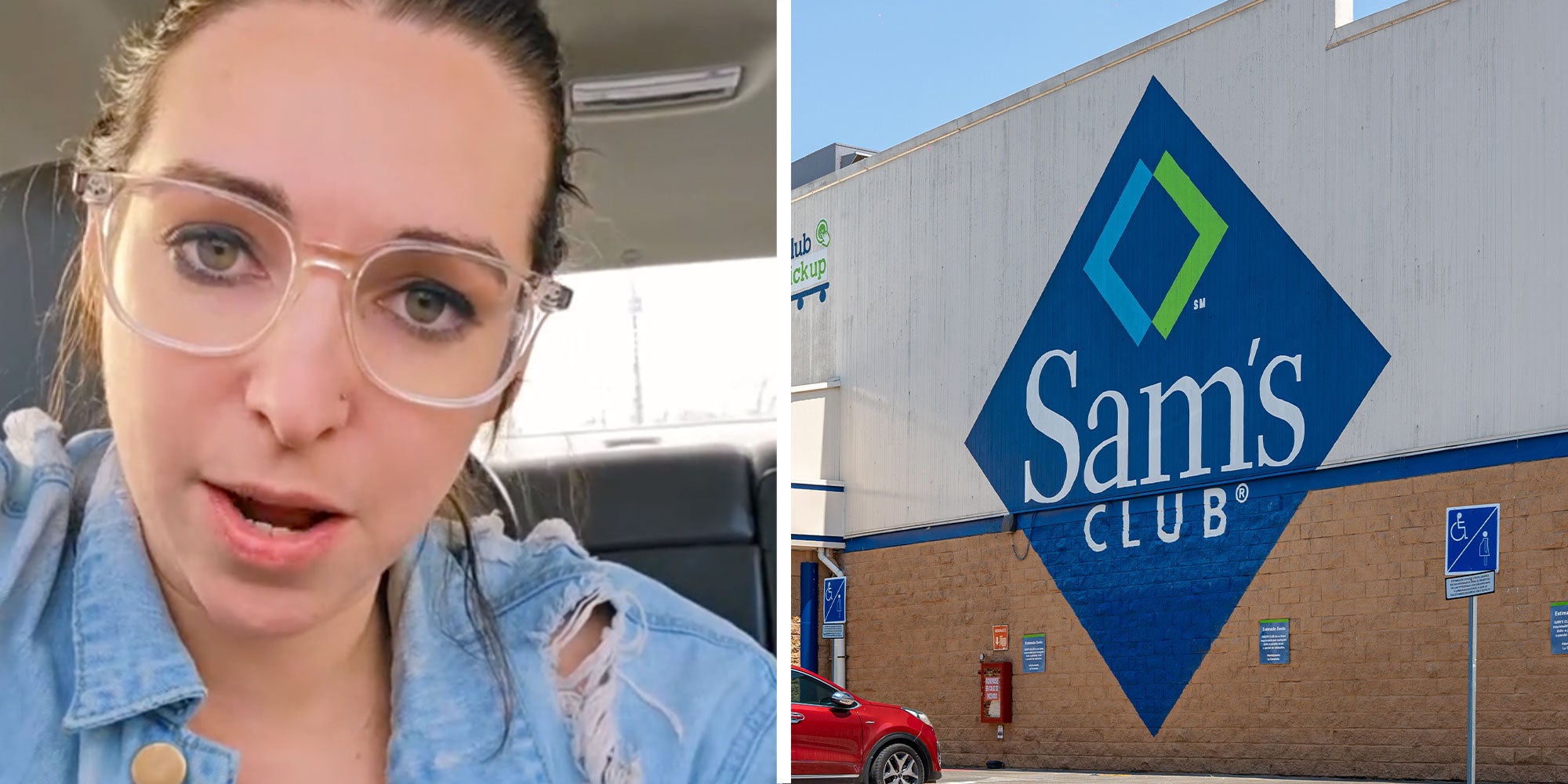 Two panel design with a woman looking at the camera while talking, next to an image of a Sam's Club