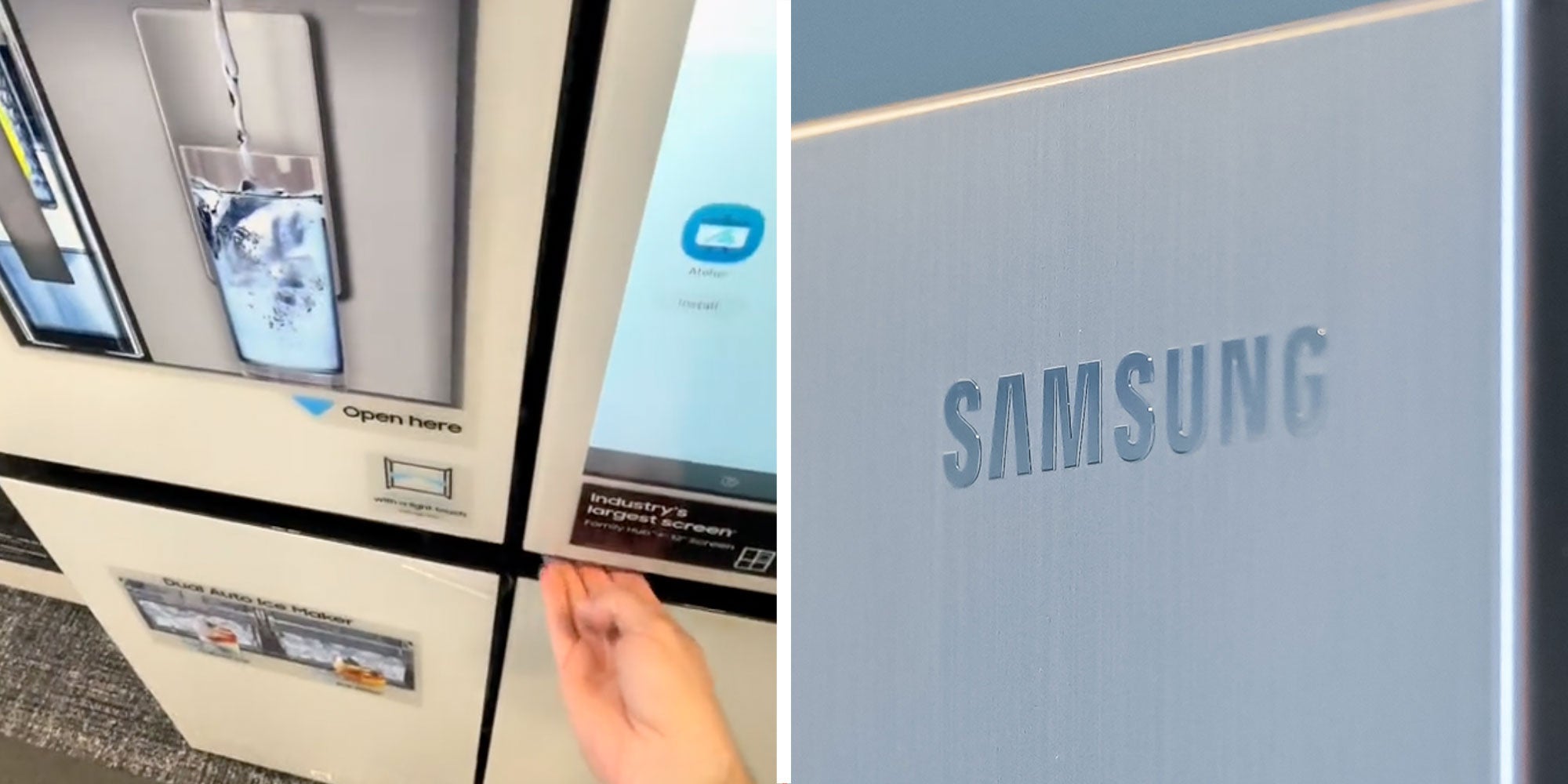 two panel design with a person opening a new Fridge at a show room, next to an image of a Samsung logo.