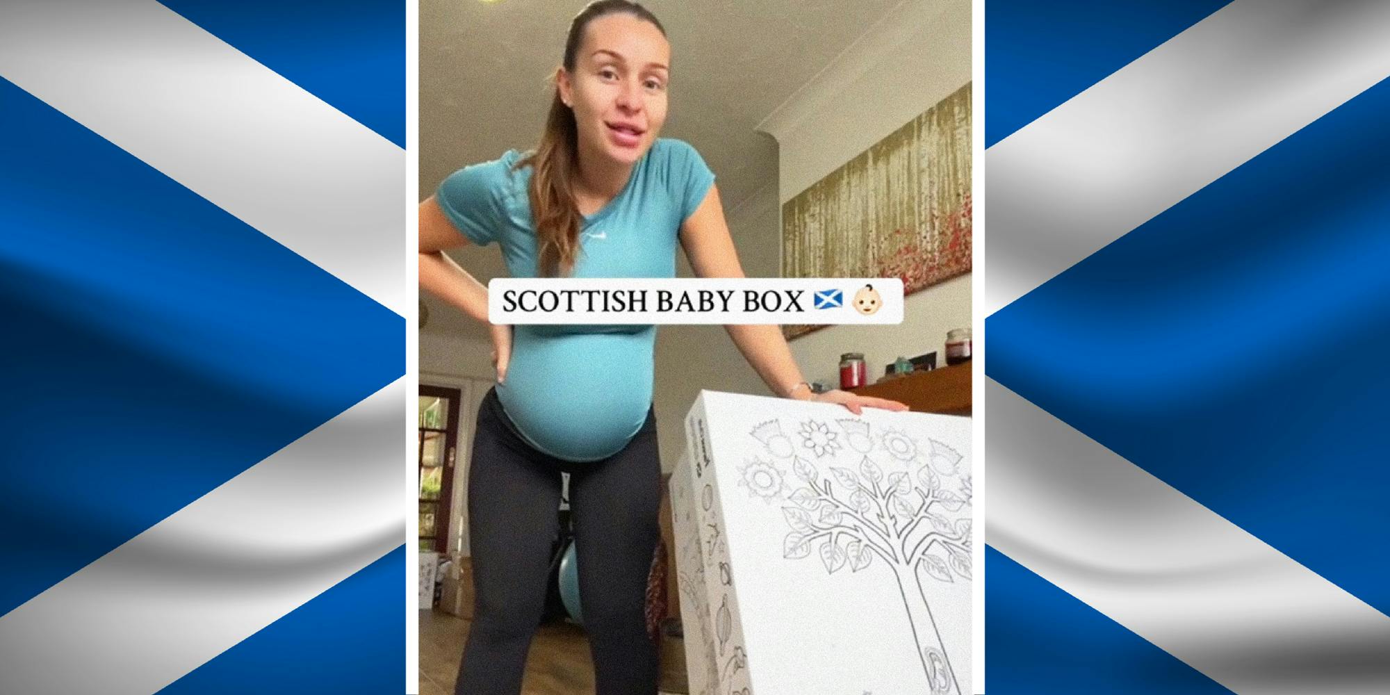 A pregnant person stands next to a large white box. Text over reads: Scottish Baby Box.