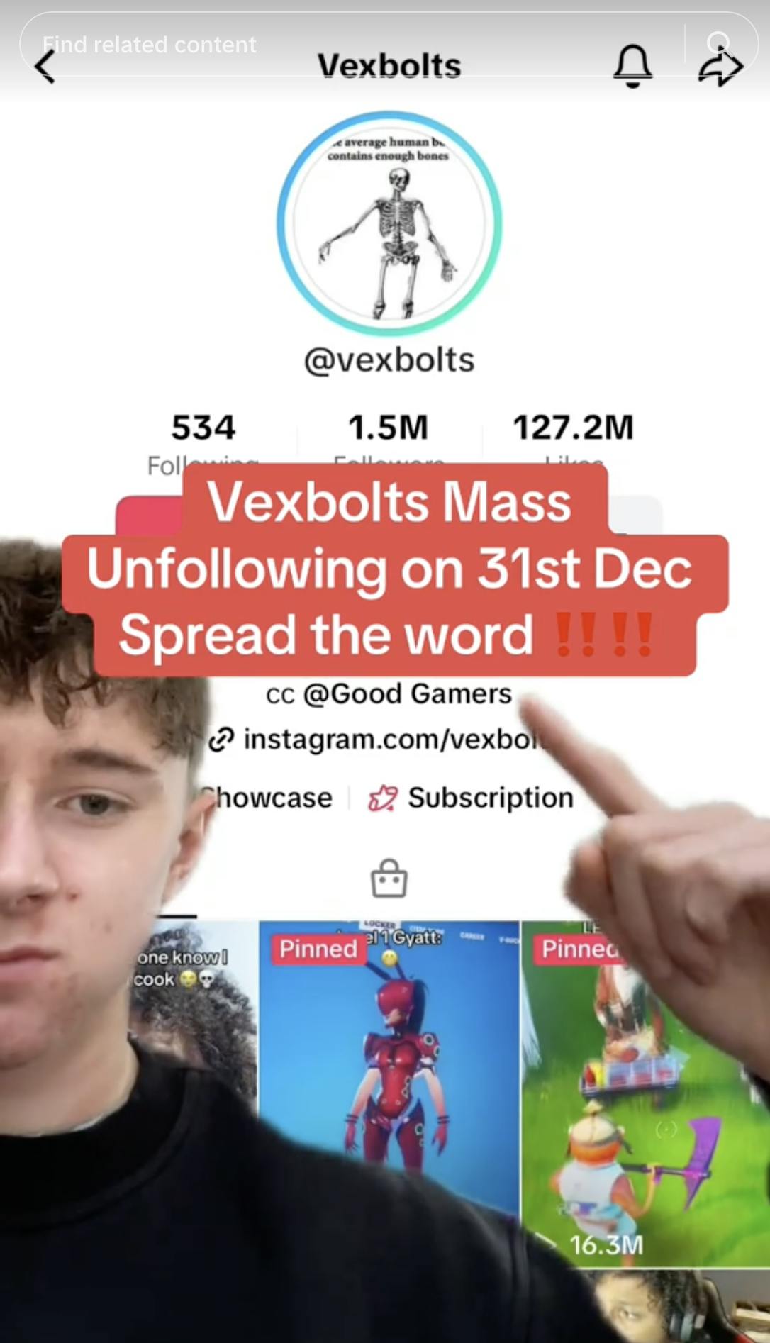 Screenshot of Vexbolt unfollower showing Vexbolt's tik tok and spreading the word