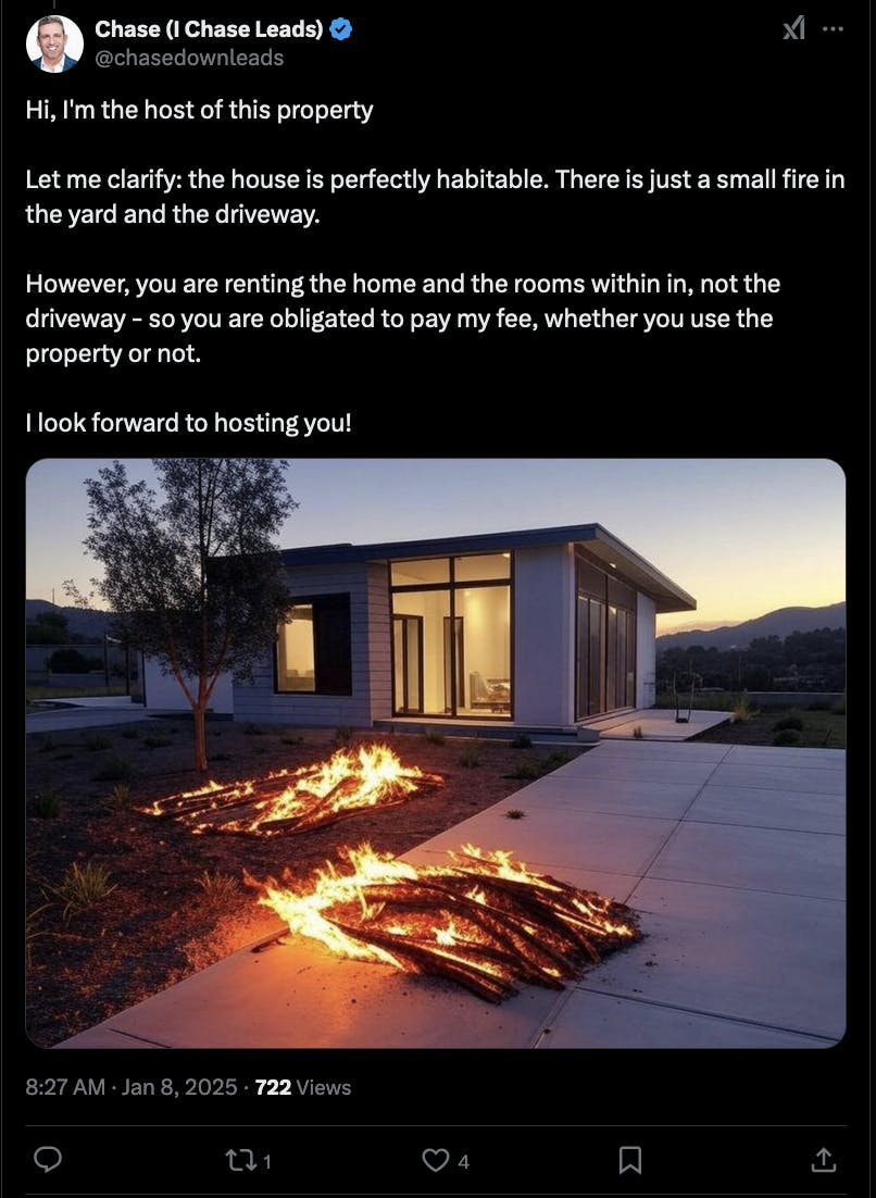 Fake Airbnb response to X user's post with a photo of a fire by a property