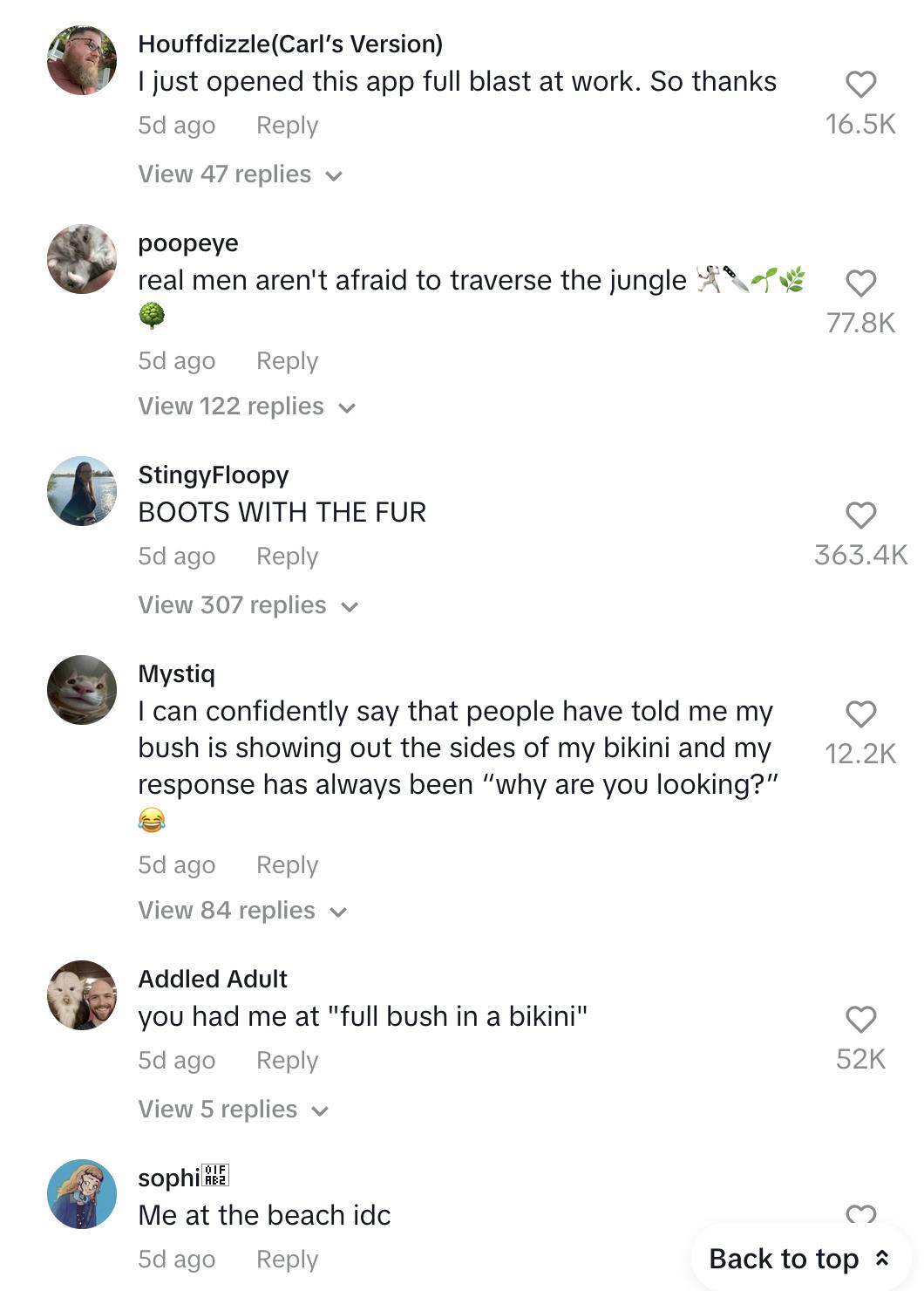 Reactions to 'full bush in a bikini' video