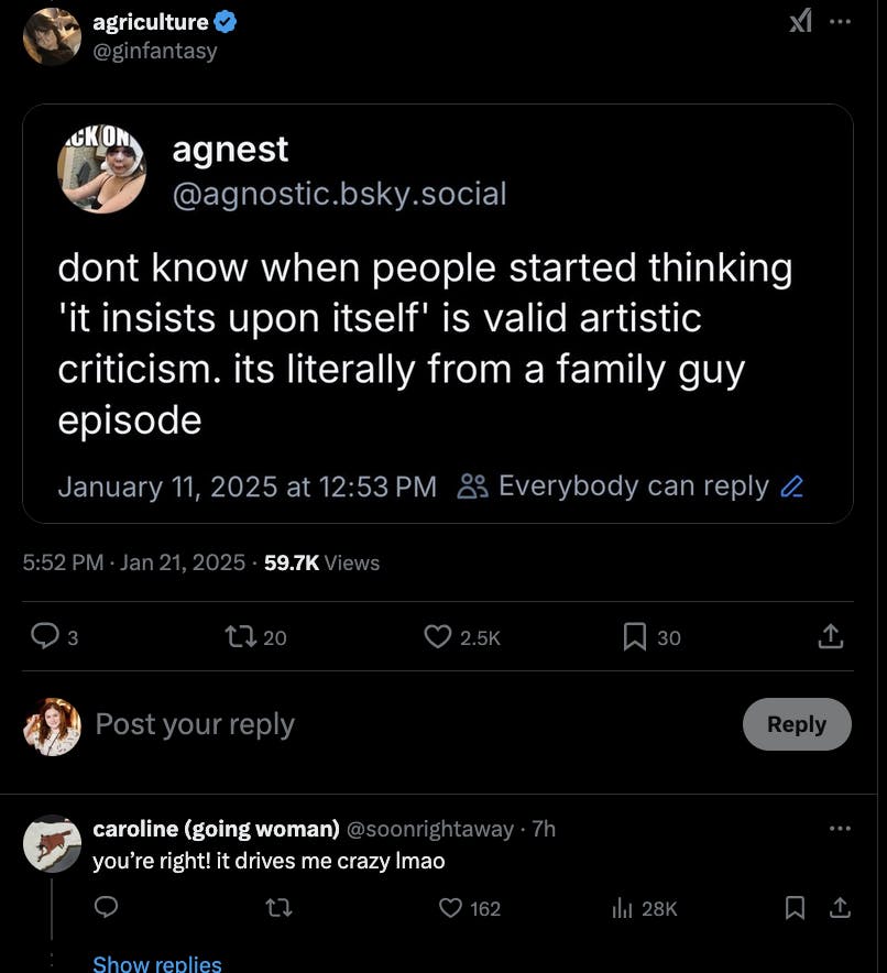 Reply of 'insists upon itself' tweet saying its bad and from a Family Guy episode