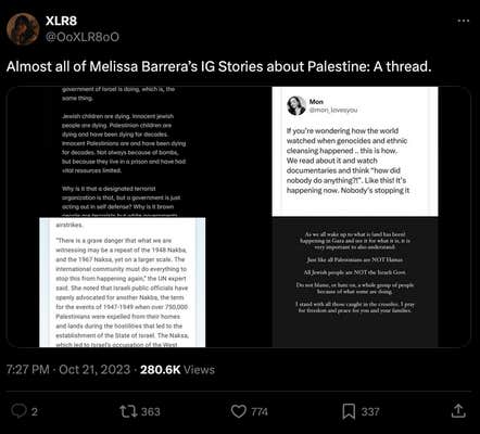 An X post of an instagram story by Melissa Barrera