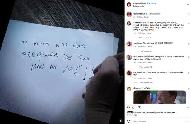 Matthew Lillard Instagram post where he shares a video of a hand writing a line from the original scream
