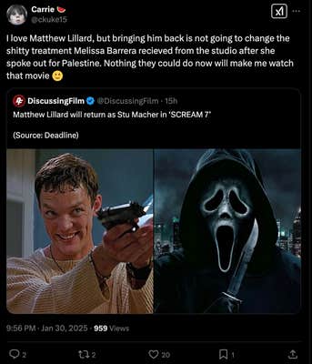 Scream fan criticizes X announcement of Matthew Lillard joining cast of Scream