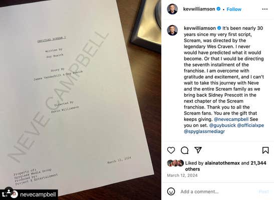 A repost from Kevin Williamson announcing Scream 7 and sharing a photo of the first scream script