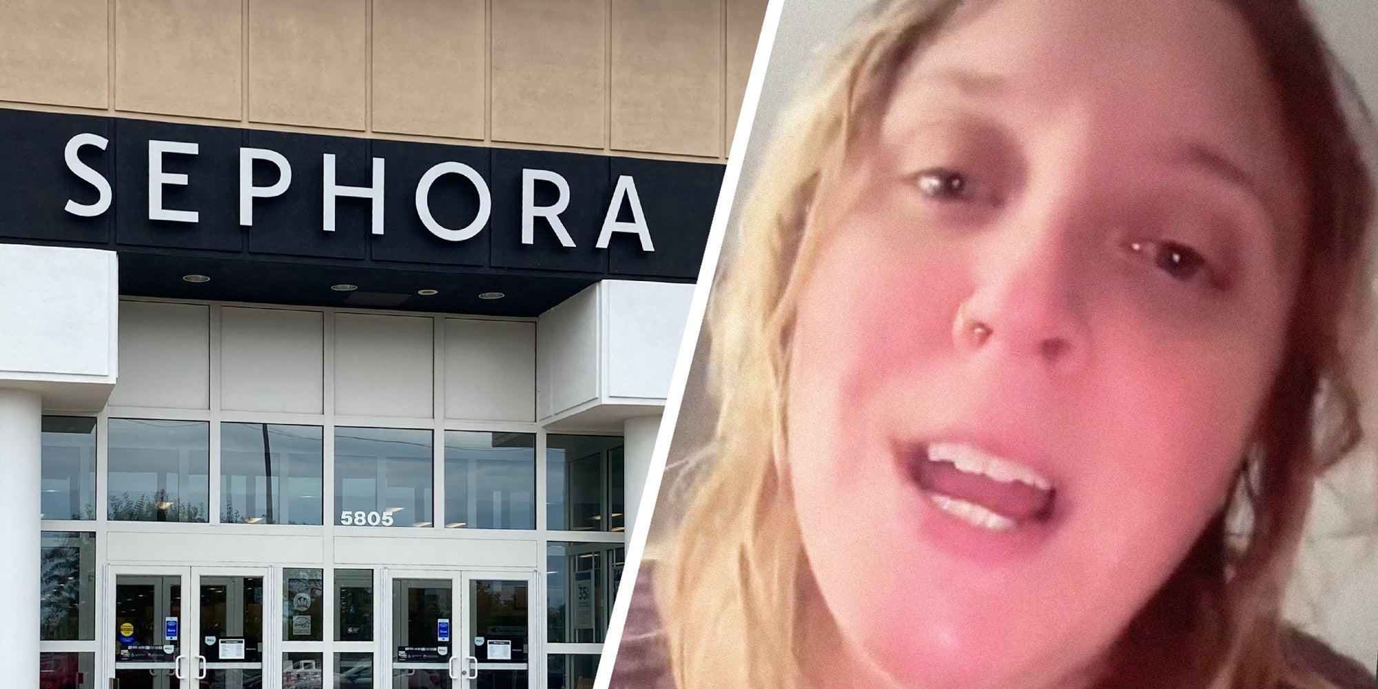 2 panel image, on the left: the exterior of a Sephora shop and on the right: a person explains.