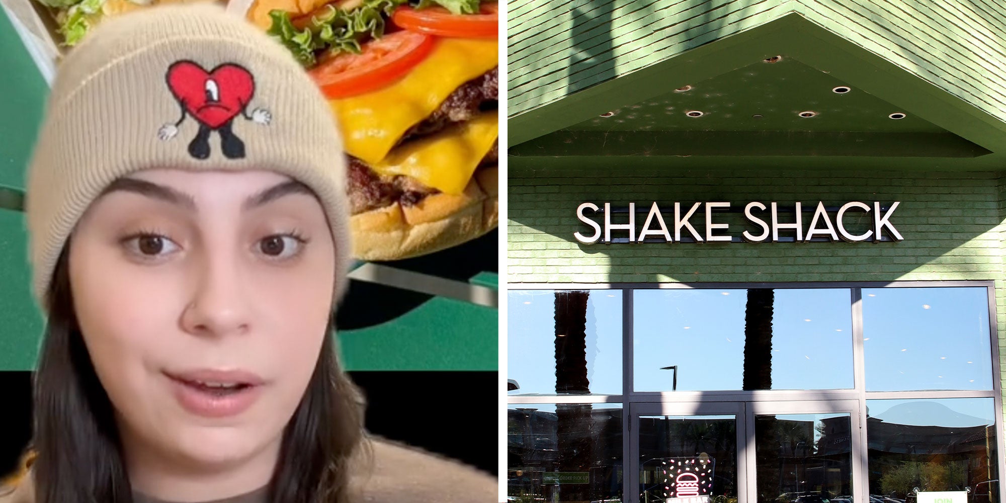 two panel design with a woman talking at the camera with a burger behind her, next to an image of a Shake Shack