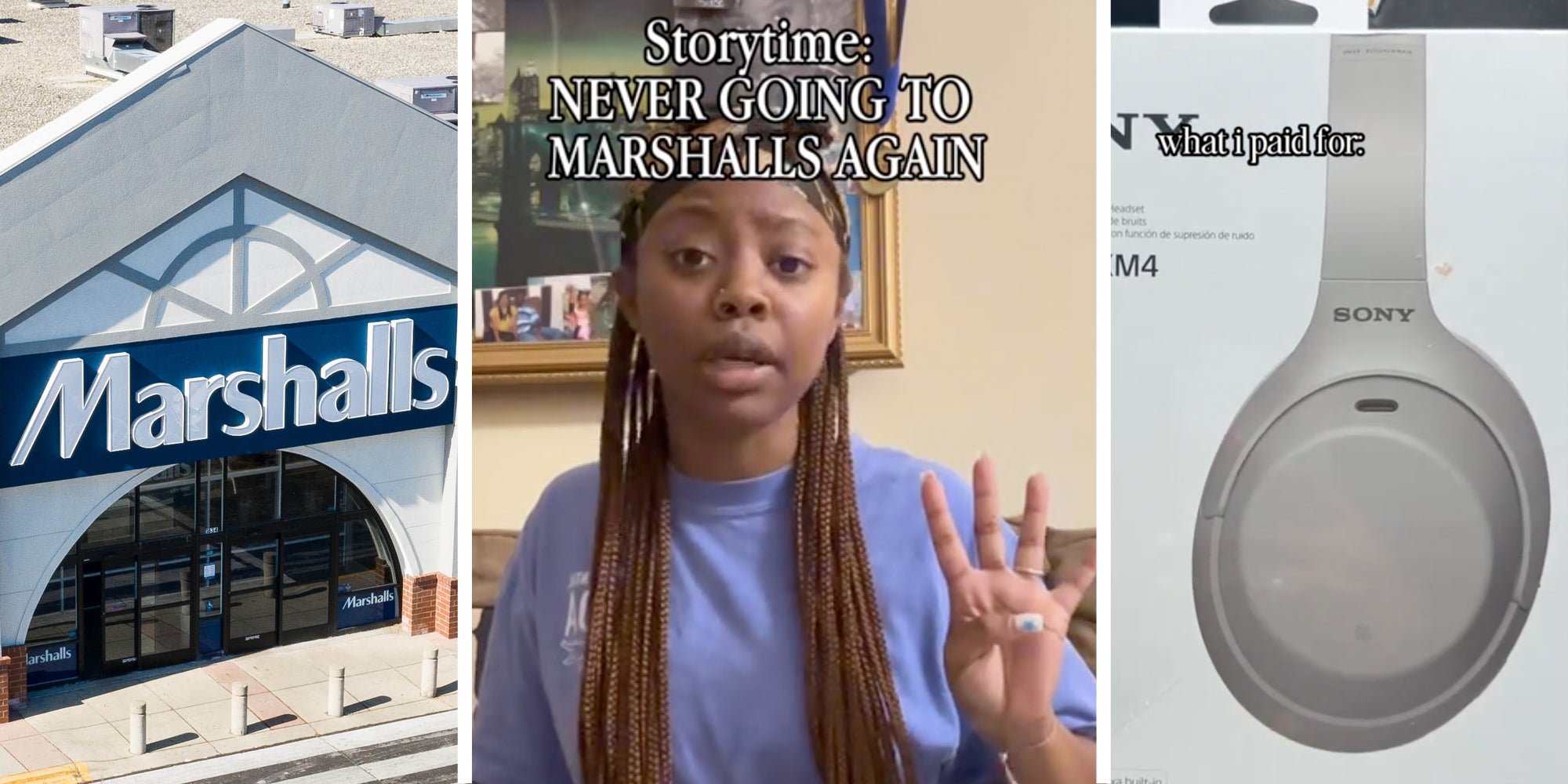 Marshalls(l), Woman talking(c), headphones in box(r)