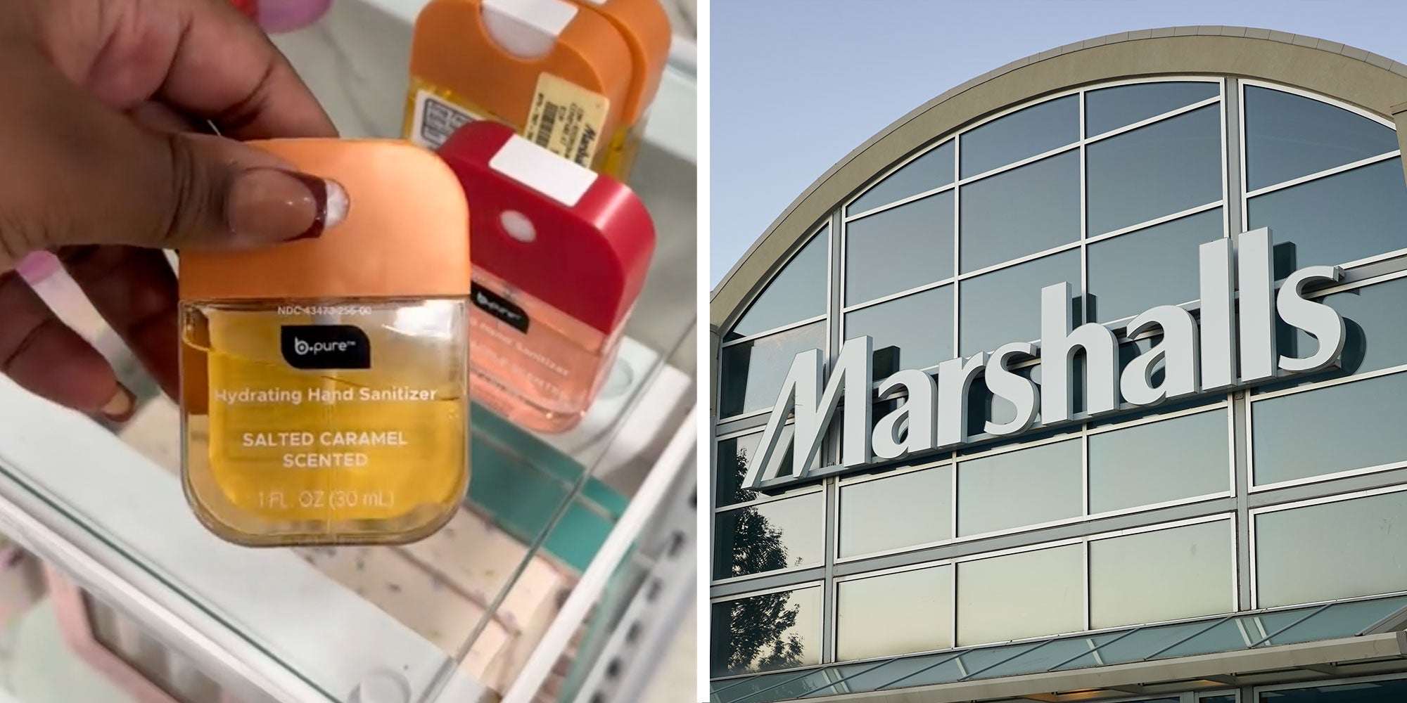 Two panel design with a person showing a hand sanitizer at a Marshalls, next to a store Marshalls