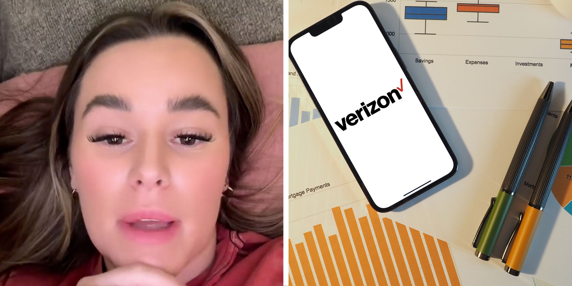 Two panel design with a woman talking to the camera , next to an image of a Verizon Logo on a phone, next to pens and charts