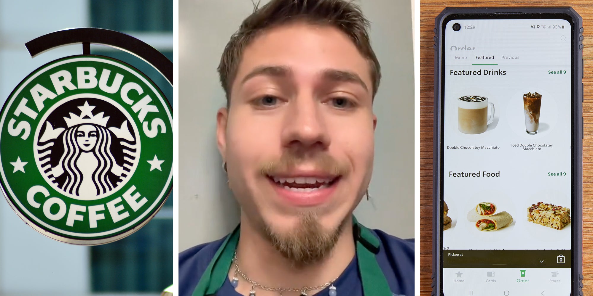 Starbucks sign(l), Man talking(c), Starbucks mobile app(r)