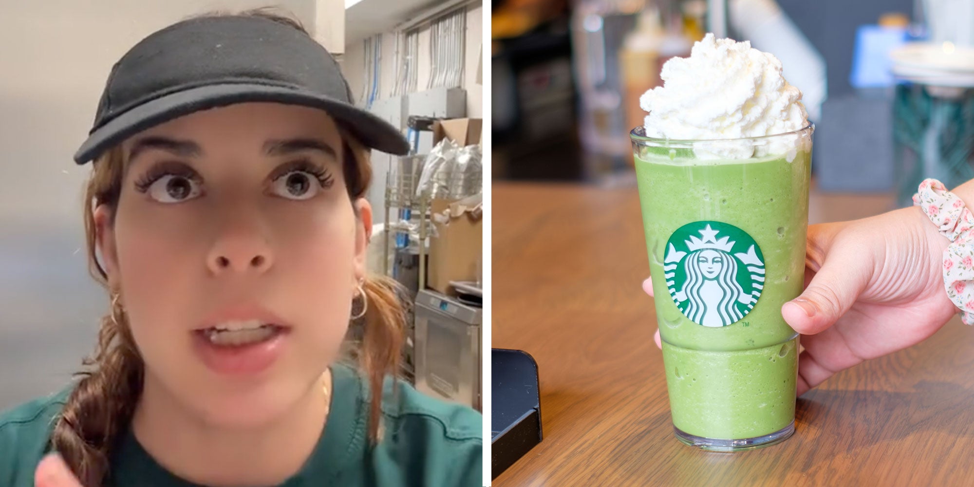 Two panel design with a woman talking at the camera with an annoyed expression, next to an image of a Starbucks drink in the new "For Here cups"